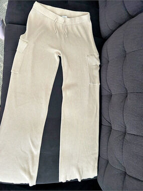 Pink Rose Ribbed Cargo Pants in Cream Size Medium